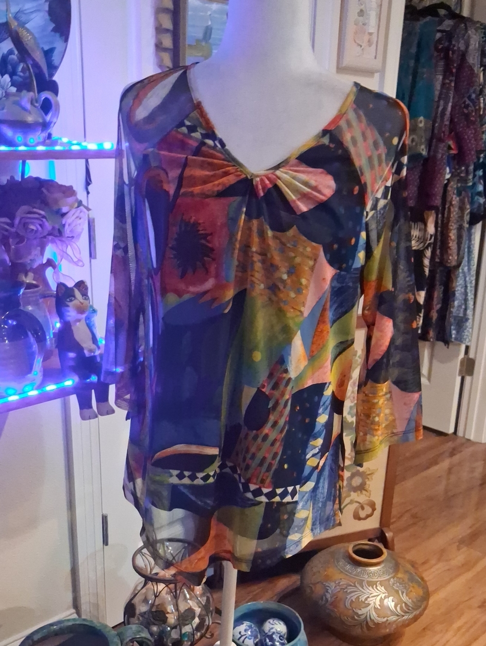 It Is Fully Lined But Sheer Sleeves Multicolor Abstract Print Women's Top Size L
